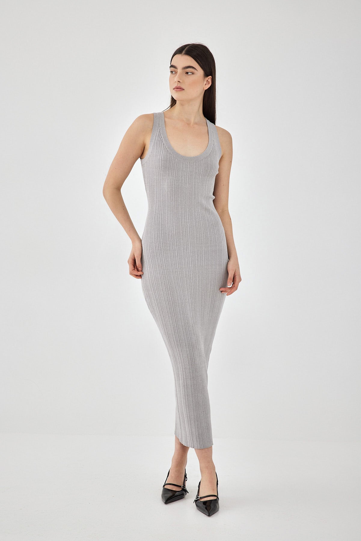 Ribbed Tight Knit Dress - Light Grey