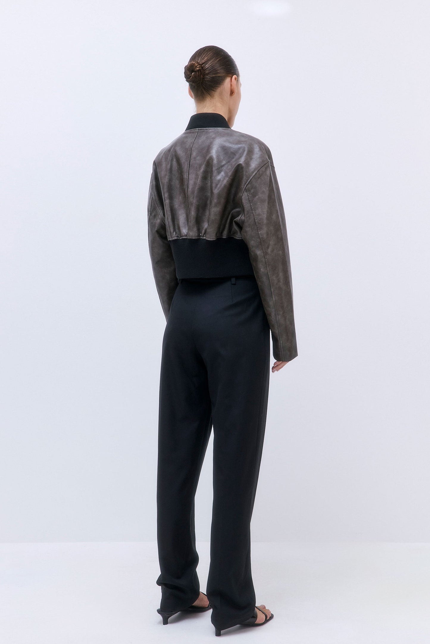 Cropped Vegan Leather Bomber Jacket