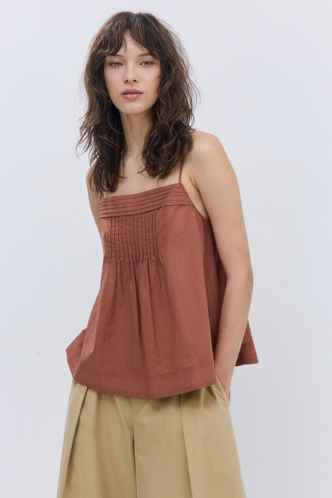 Semi Sheer Pleated Flowy Tank Top