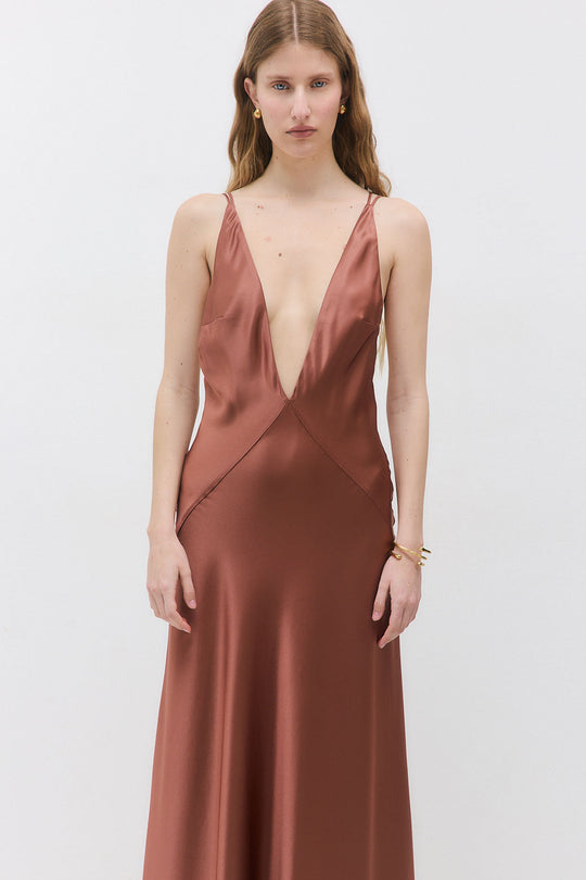 Deep V Satin Maxi Dress - Dé Rococo