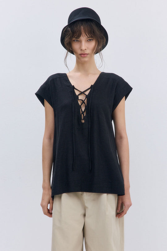 Linen String Tie Top - Dé Rococo