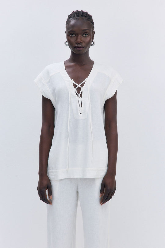 Linen String Tie Top - Dé Rococo