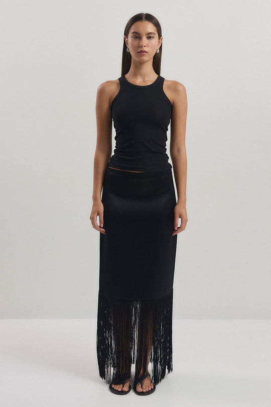 Satin Fringe Mid Rise Skirt