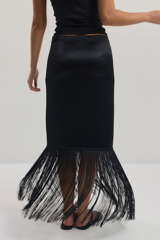 Satin Fringe Mid Rise Skirt