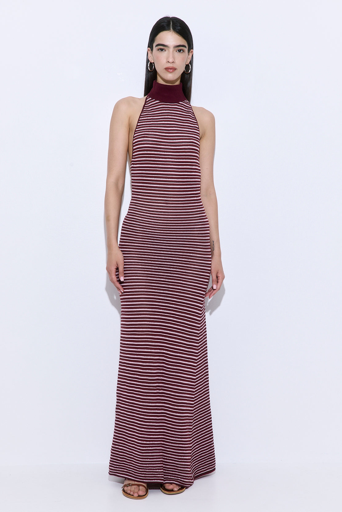 Crochet Turtle Neck Maxi Dress Burgundy Stripes / S - Burgundy Stripes - D Rococo Crochet Turtle Neck Maxi Dress Burgundy Stripes / S - Burgundy Stripes - D Rococo