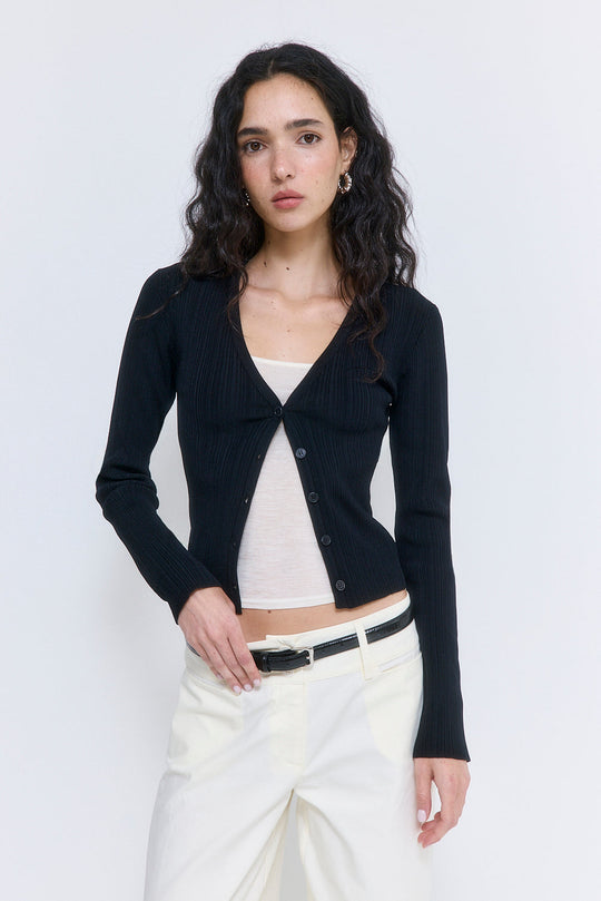Ribbed V Neck Cardigan - Dé Rococo