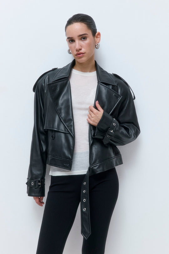 Vegan Leather Cropped Trench Coat - Dé Rococo