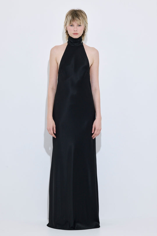 High Collar Satin Maxi Dress - Dé Rococo