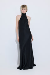 High Collar Satin Maxi Dress