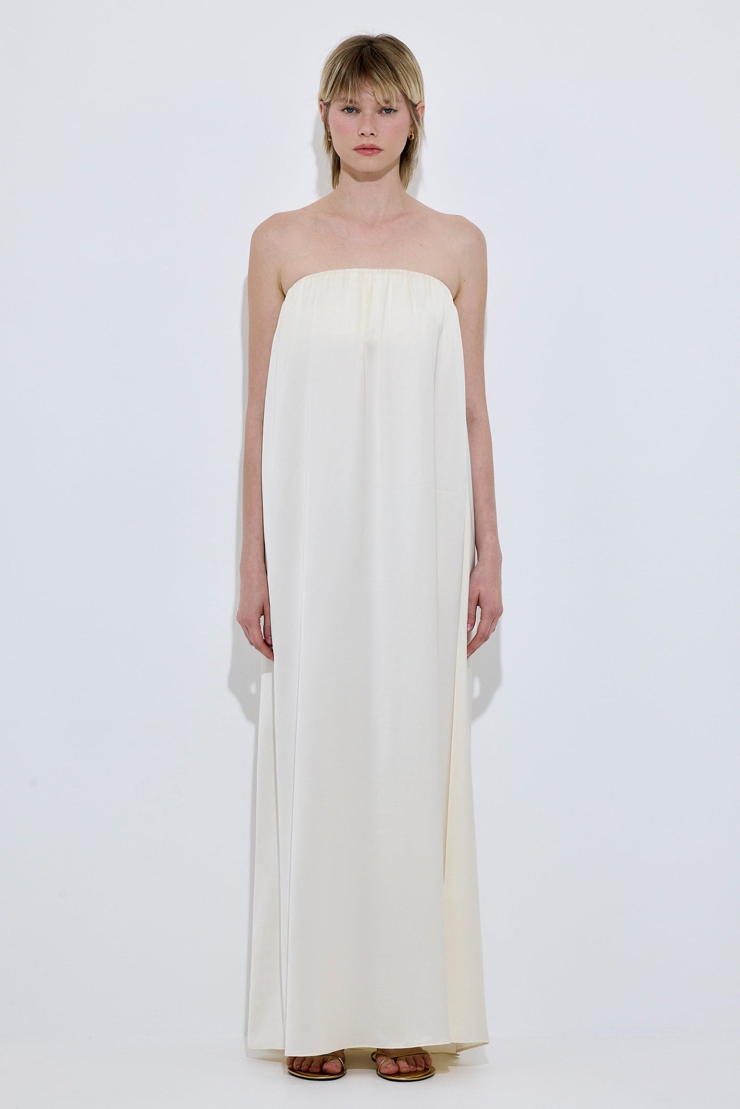 Gathered Strapless Satin Dress