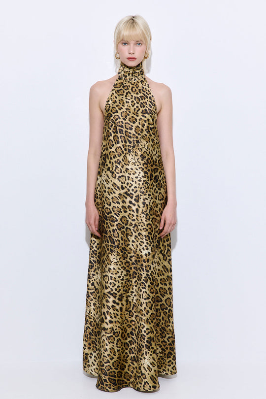 High Collar Satin Maxi Dress