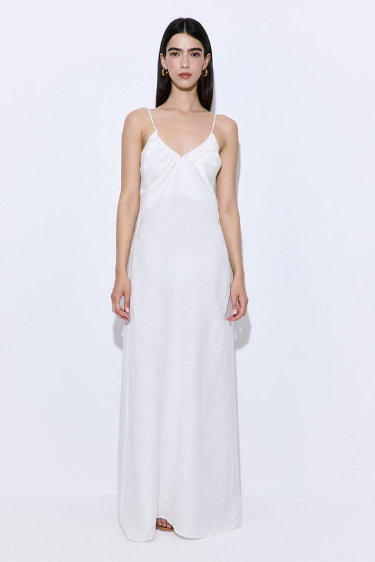 Gathered Neck Linen Maxi Dress - Dé Rococo