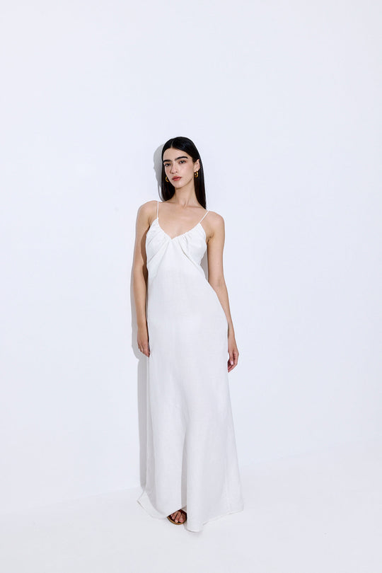 Gathered Neck Linen Maxi Dress - Dé Rococo