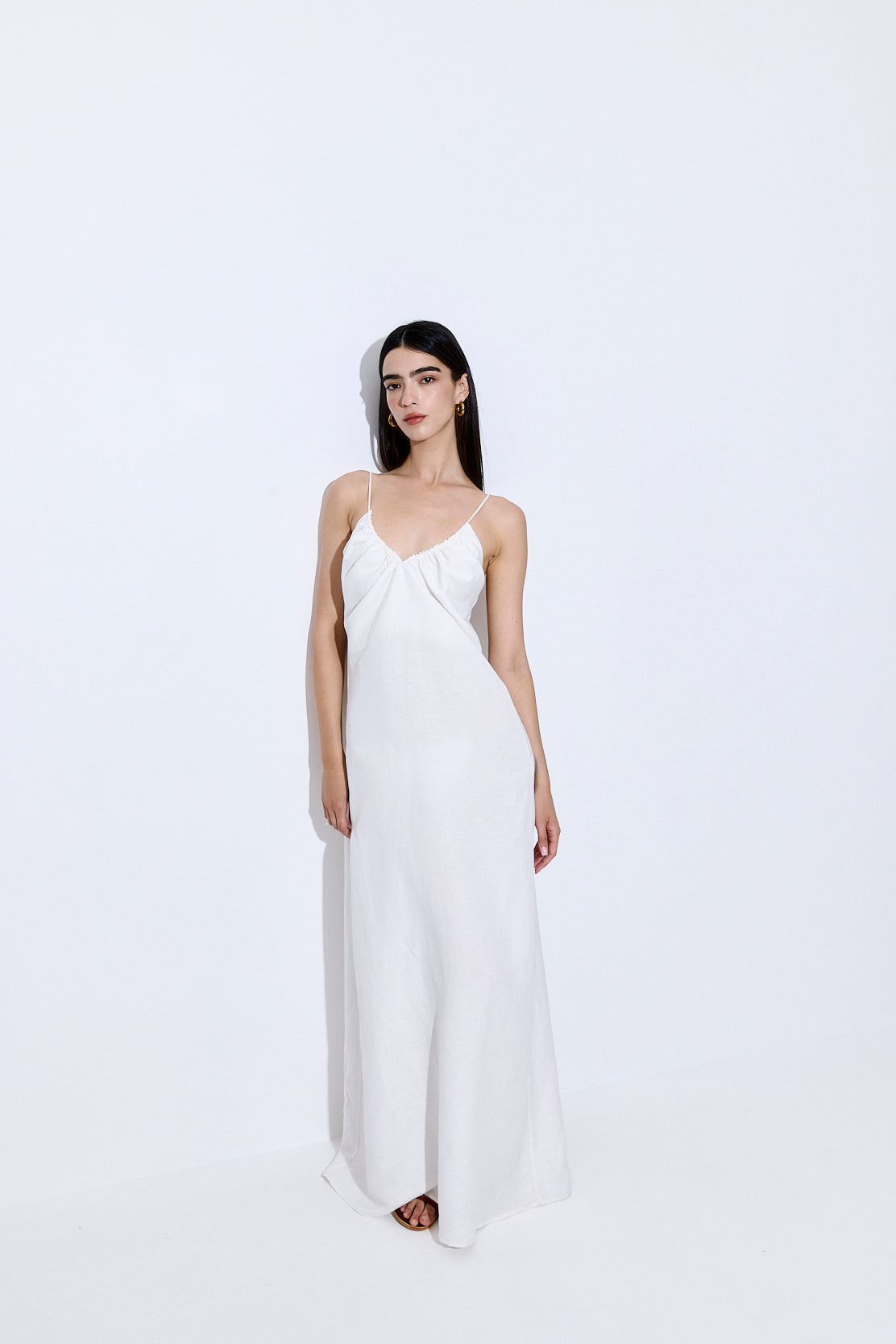 Gathered Neck Linen Maxi Dress
