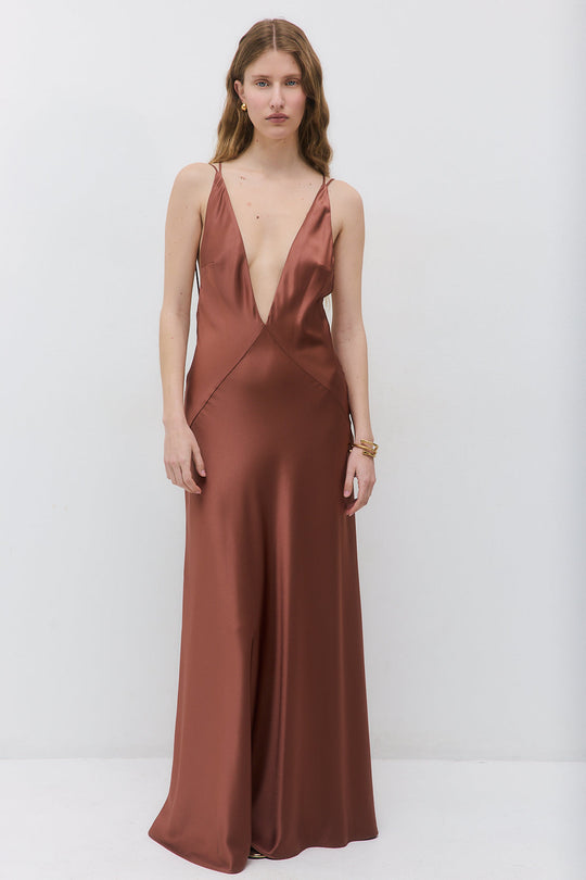 Deep V Satin Maxi Dress - Dé Rococo