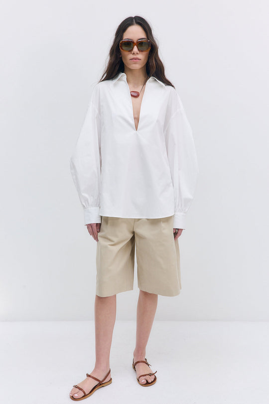 Oversized V Neck Poplin Blouse