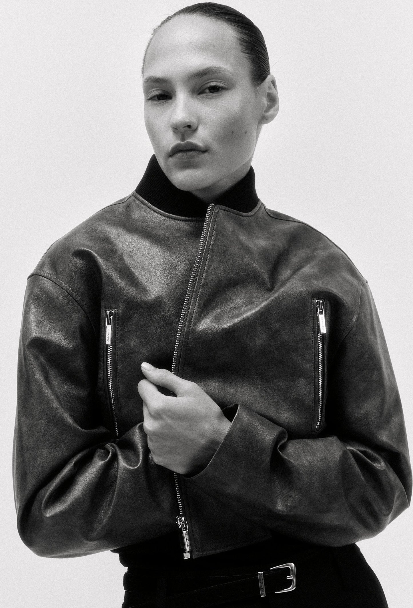 Cropped Vegan Leather Bomber Jacket