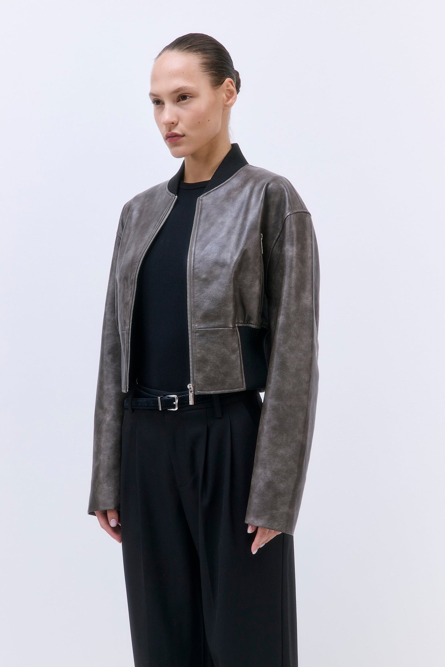Cropped Vegan Leather Bomber Jacket