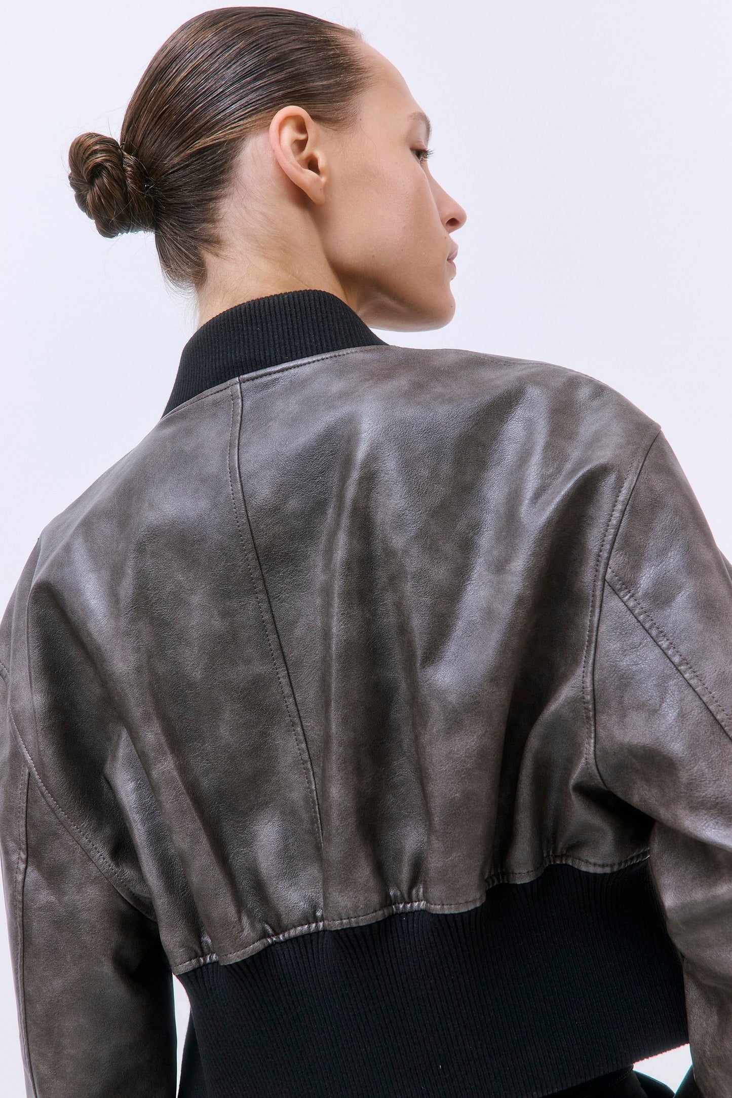 Cropped Vegan Leather Bomber Jacket