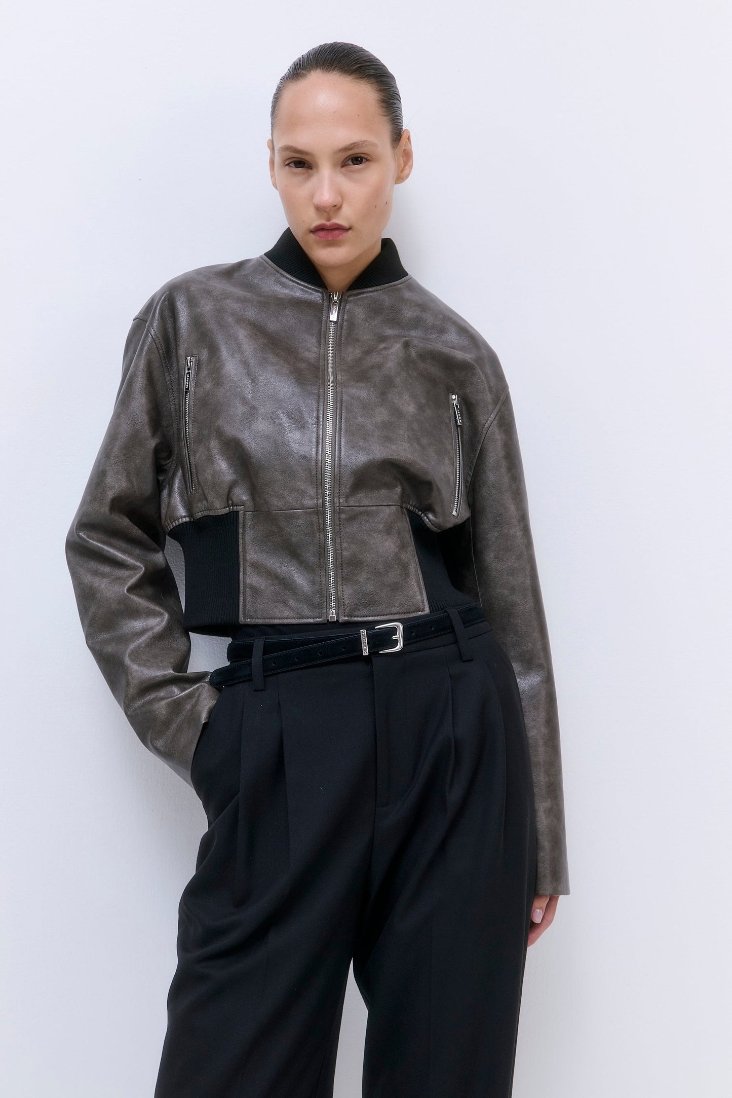 Cropped Vegan Leather Bomber Jacket