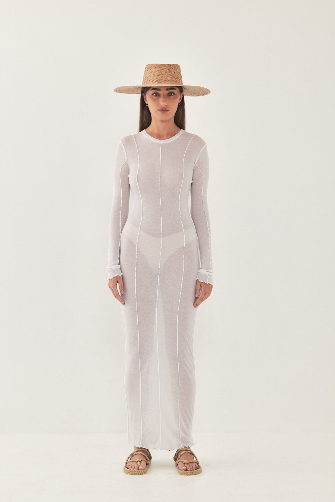 Long Sleeve Maxi Soft Curling Sheer Dress White / S - White - D Rococo Long Sleeve Maxi Soft Curling Sheer Dress White / S - White - D Rococo