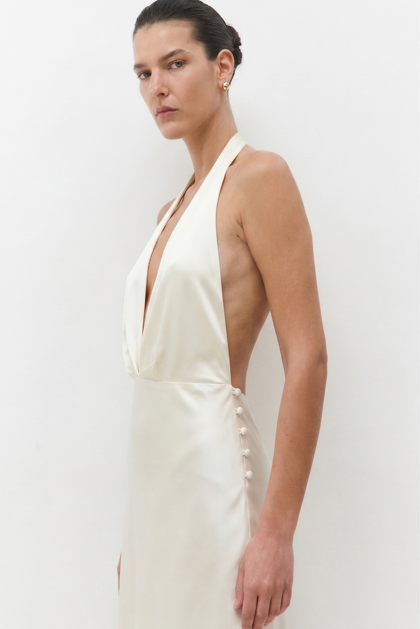 Satin Halter Maxi Dress - Off White - D Rococo Satin Halter Maxi Dress - Off White - D Rococo