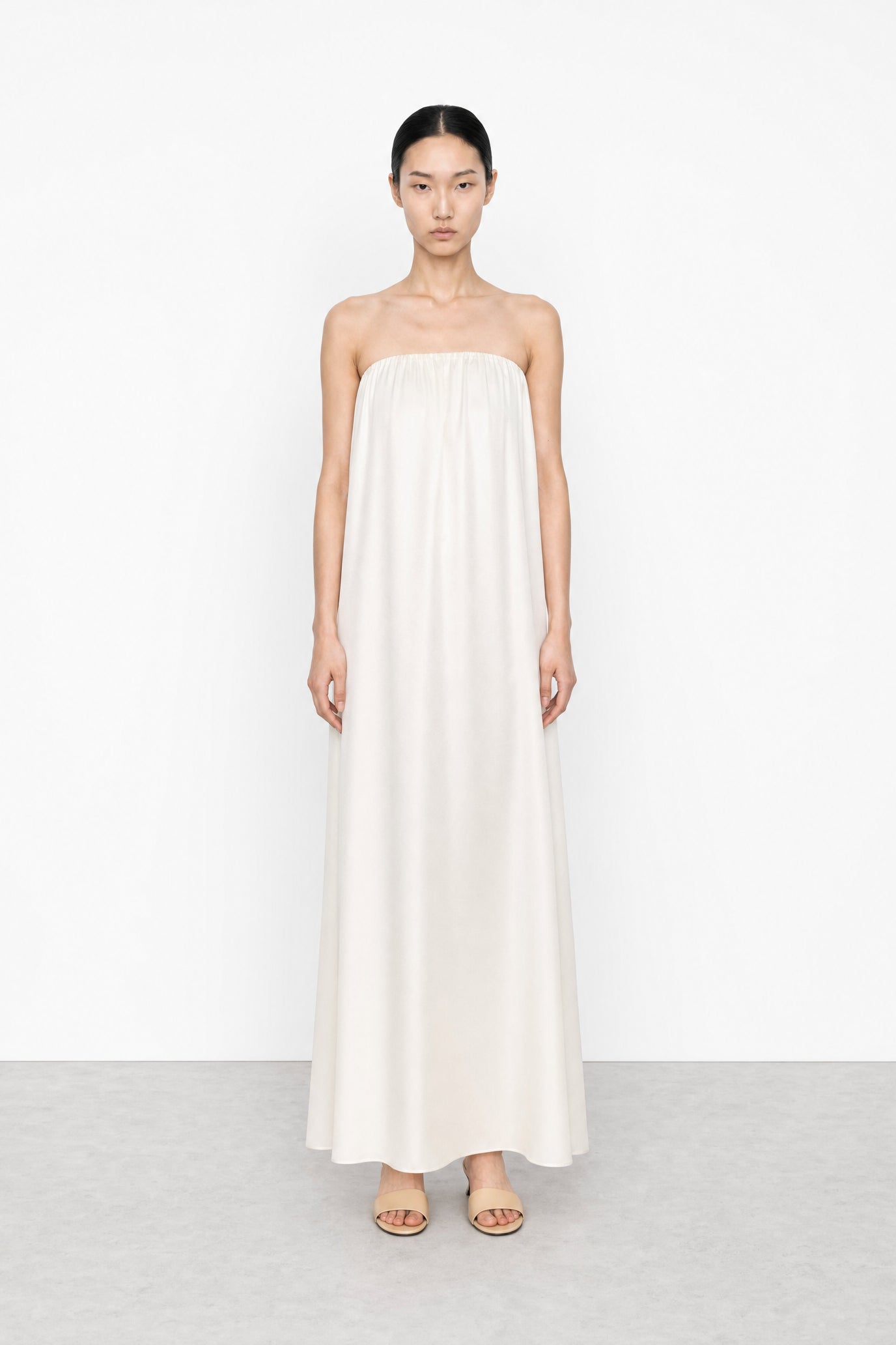 Gathered Strapless Satin Dress