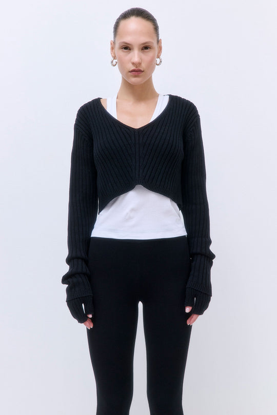 Cropped Ribbed V Neck Top