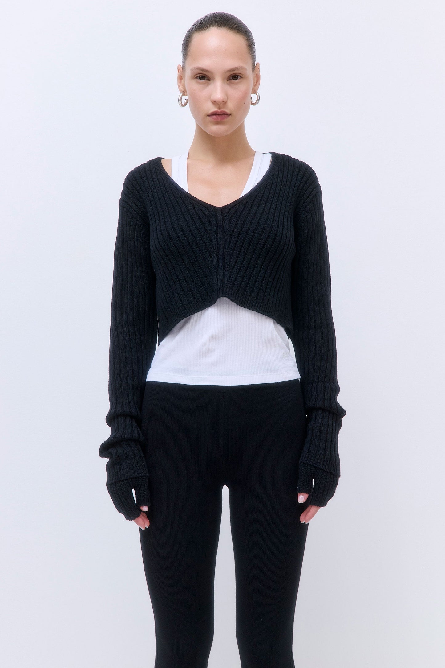 Cropped Ribbed V Neck Top