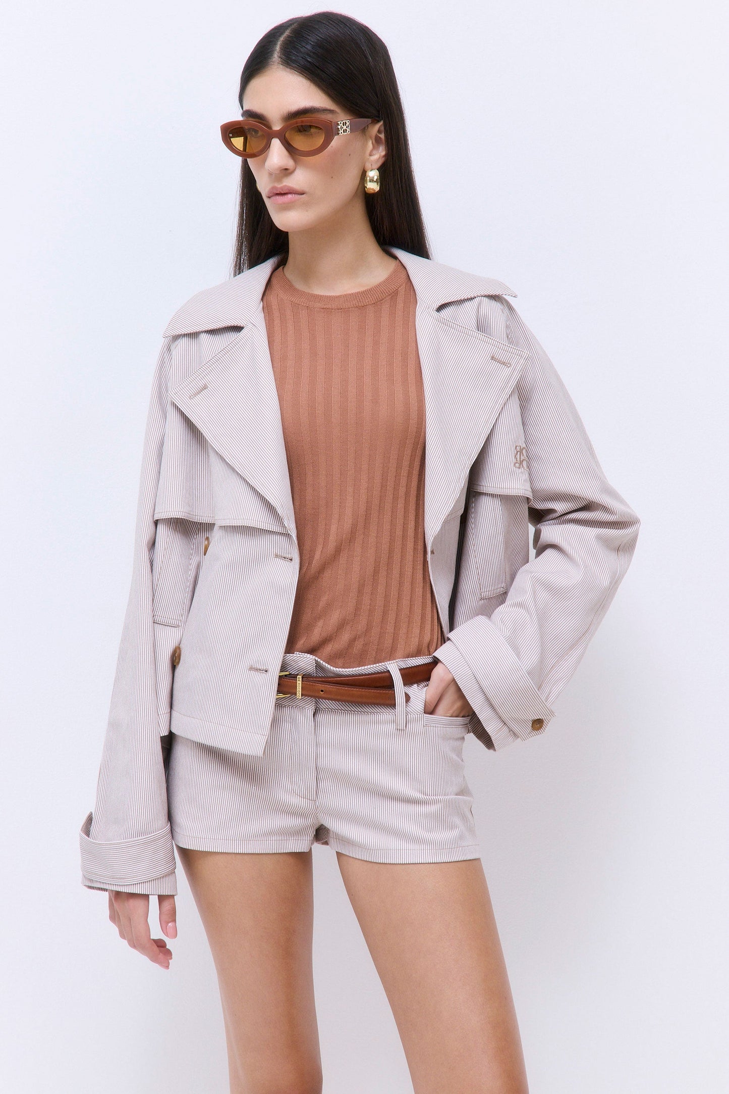 Striped Drill Double Breasted Trench Coat