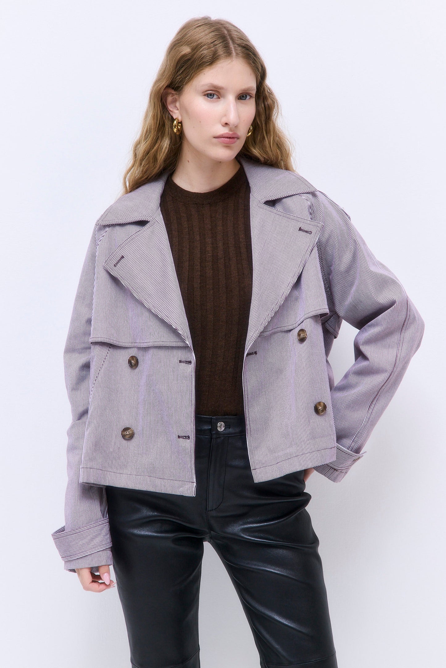 Striped Drill Double Breasted Trench Coat