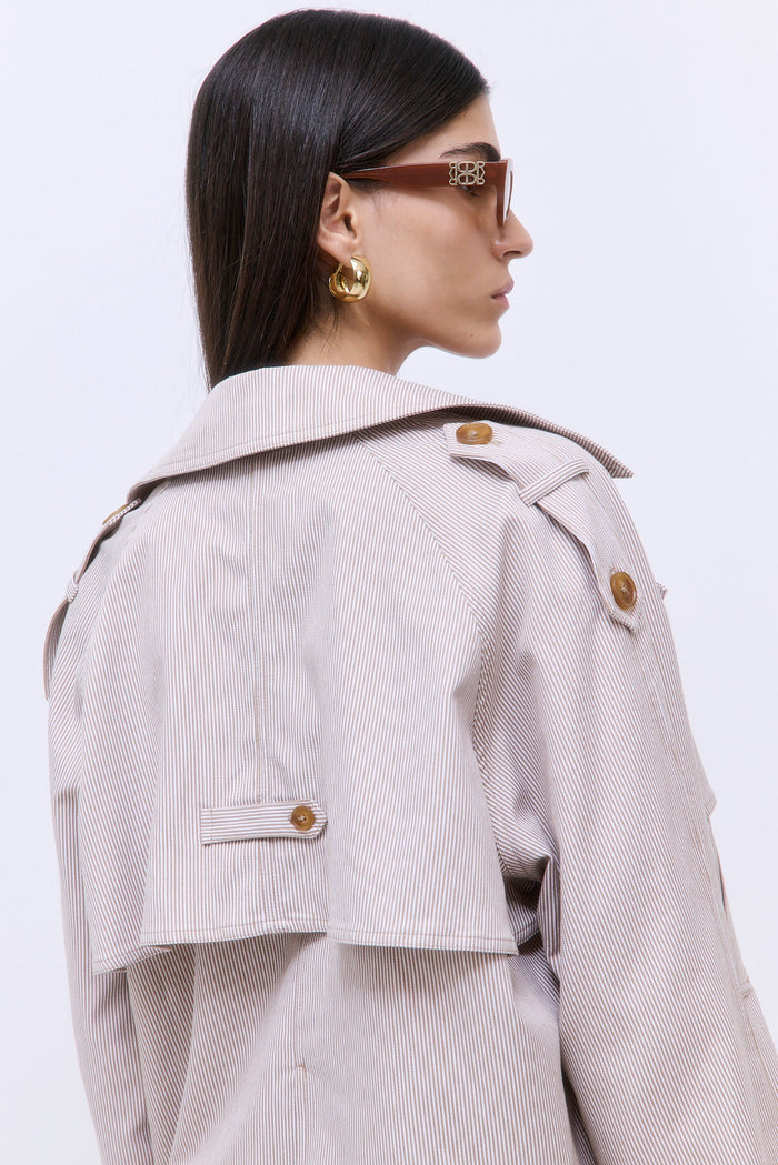 Striped Drill Double Breasted Trench Coat