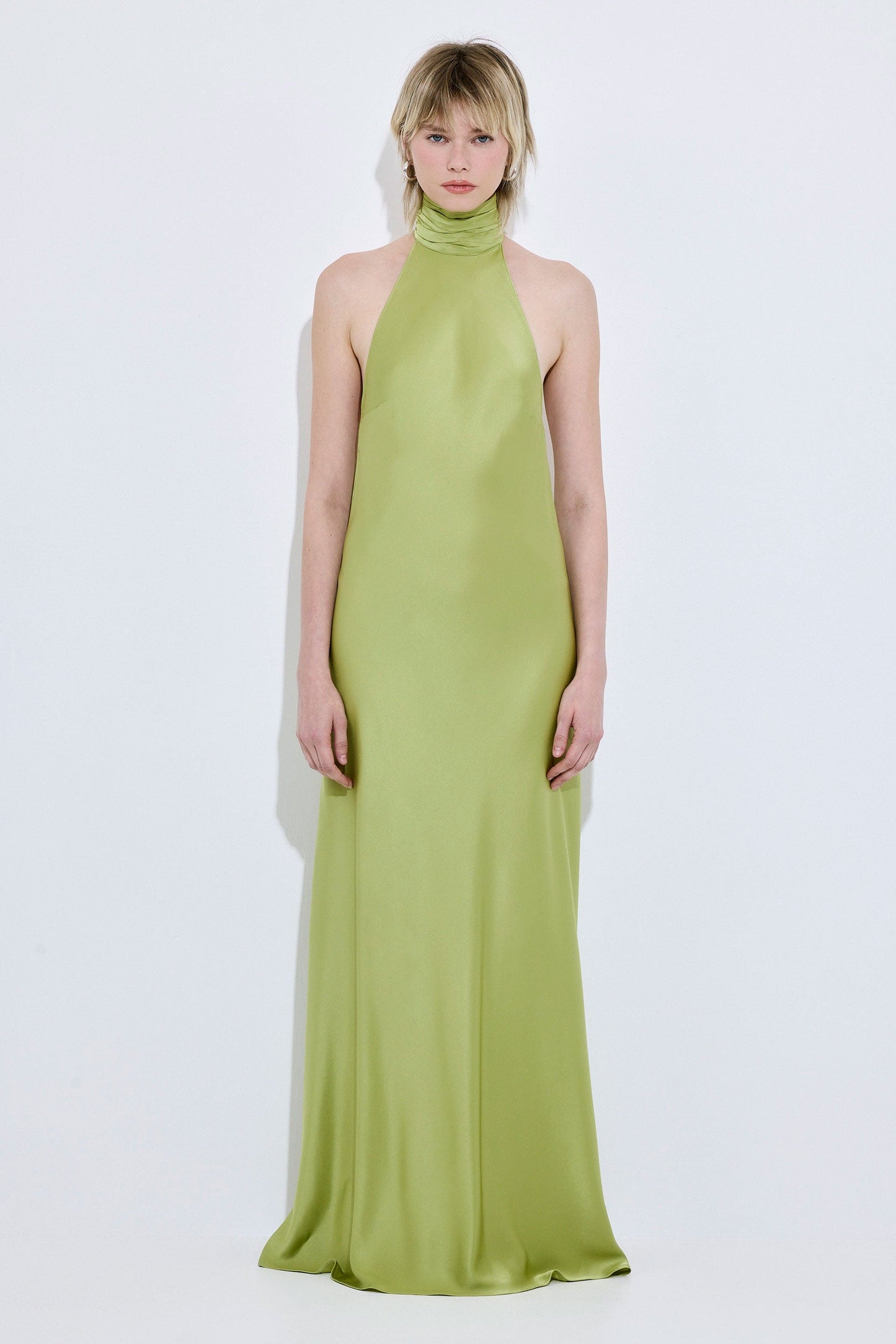 maxi dress with collar neck Band Collar Halter Open Back Fluid Satin Maxi Bridesmaid Dress With Self-tie Bow In Sage