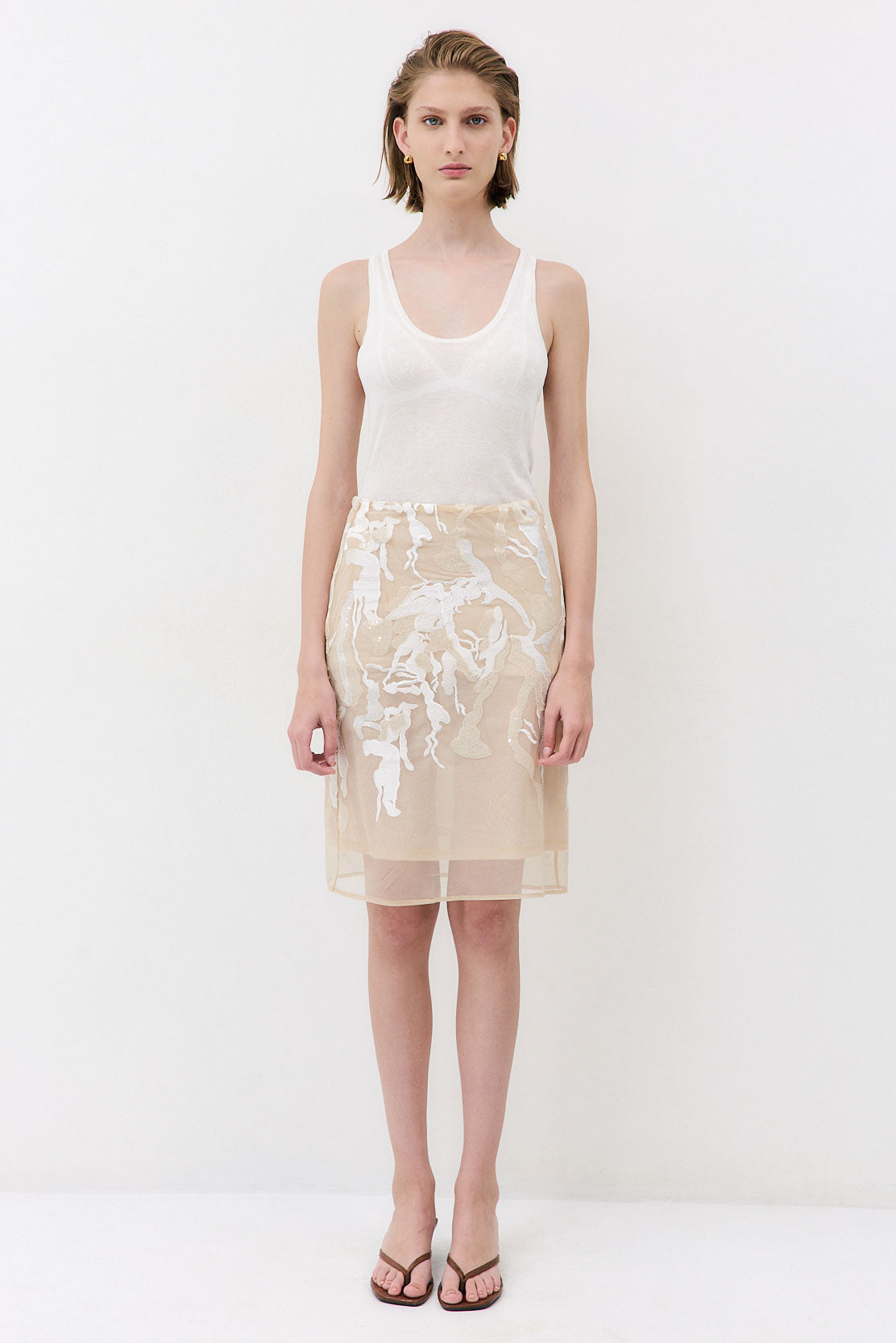 Semi Sheer Embroidered Midi Skirt
