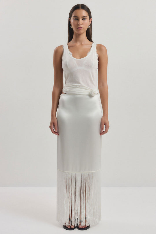 Satin Fringe Mid Rise Skirt
