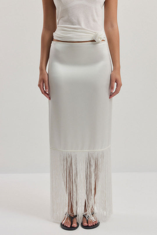 Satin Fringe Mid Rise Skirt