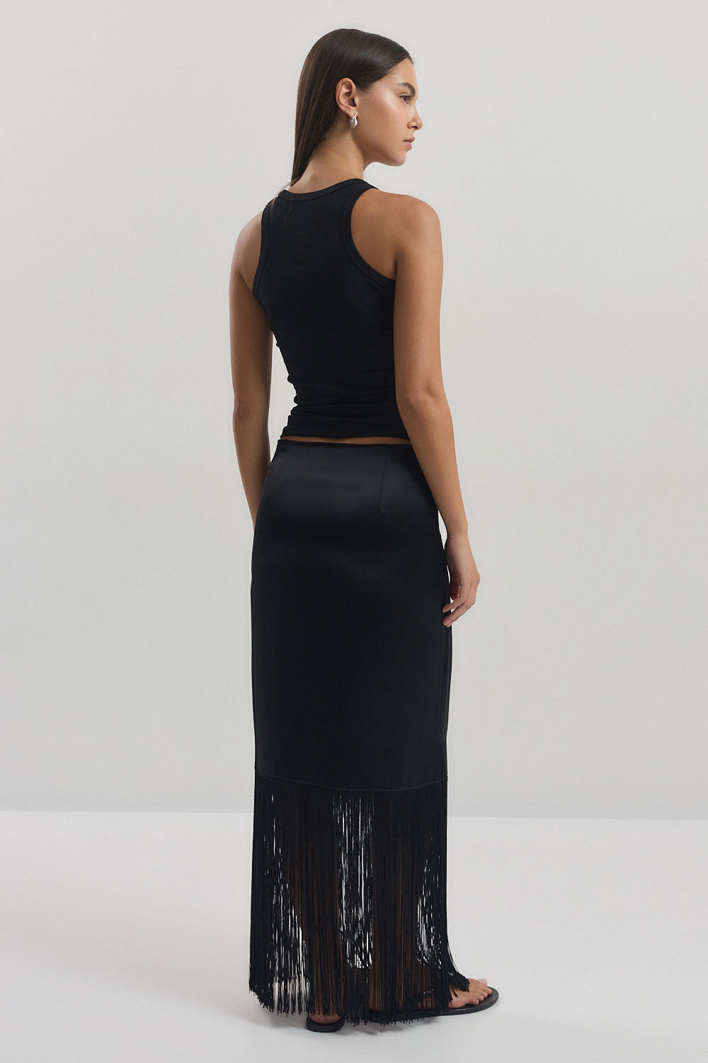 Satin Fringe Mid Rise Skirt