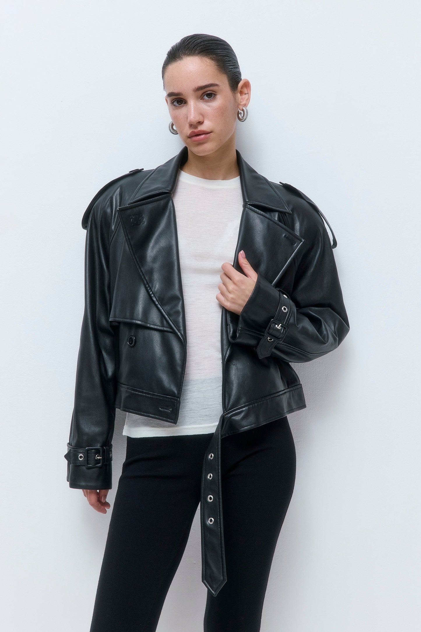 Vegan Leather Cropped Trench Coat
