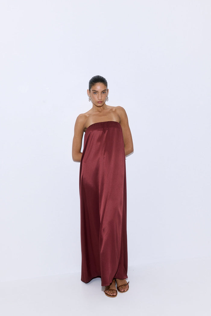 Gathered Strapless Satin Dress