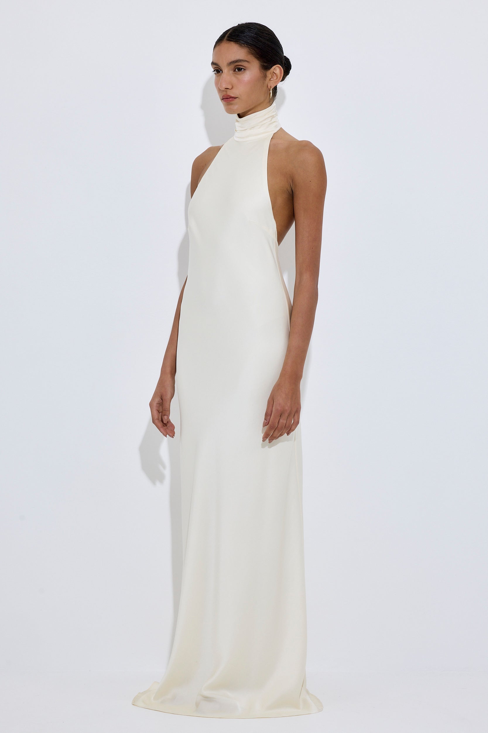 silk high neck white dress Yes to Forever High Neck Satin Maxi Dress: White