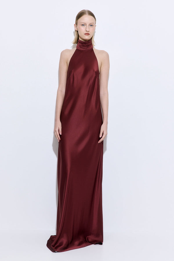High Collar Satin Maxi Dress