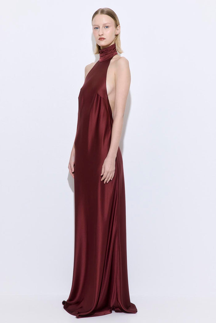 High Collar Satin Maxi Dress