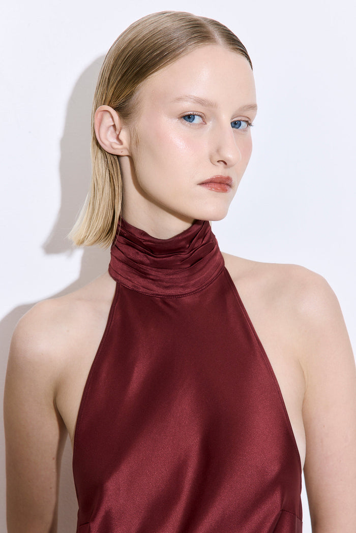 High Collar Satin Maxi Dress