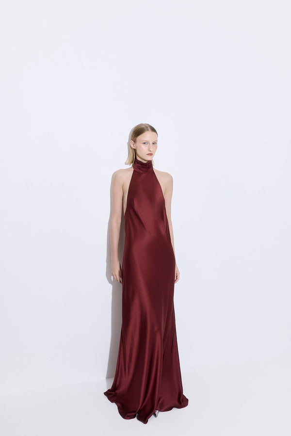 High Collar Satin Maxi Dress