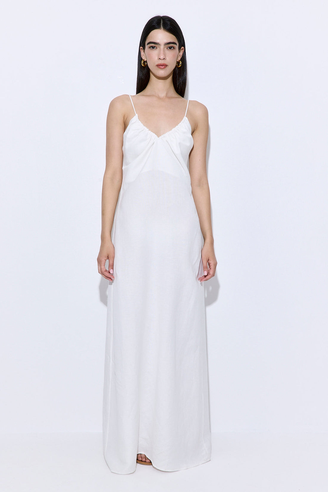 Gathered Neck Linen Maxi Dress - Off White - D Rococo Gathered Neck Linen Maxi Dress - Off White - D Rococo