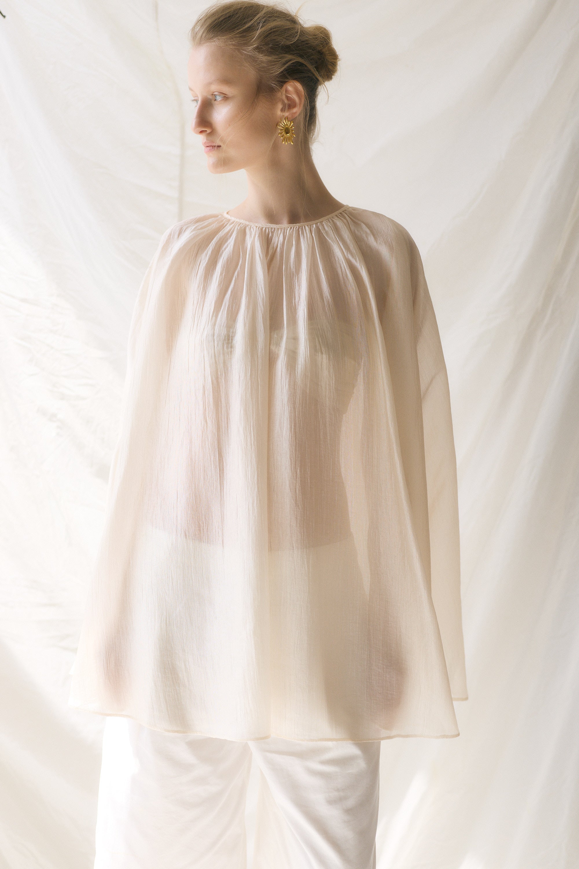 semi sheer chiffon layered dress with cloak Semi-sheer cape two-piece ruffled chiffon dress - Blue