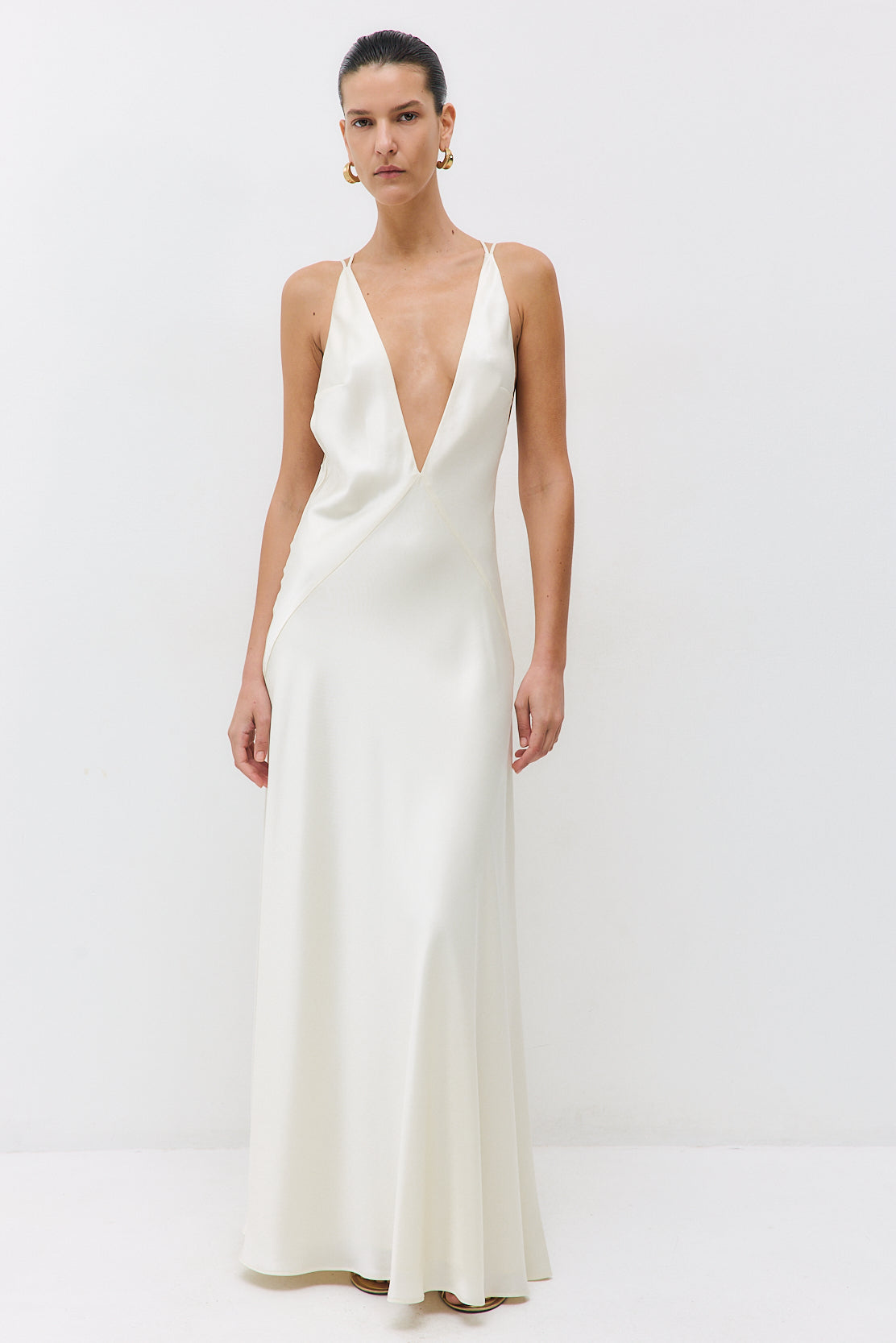 Deep V Satin Maxi Dress - Off White - D Rococo Deep V Satin Maxi Dress - Off White - D Rococo