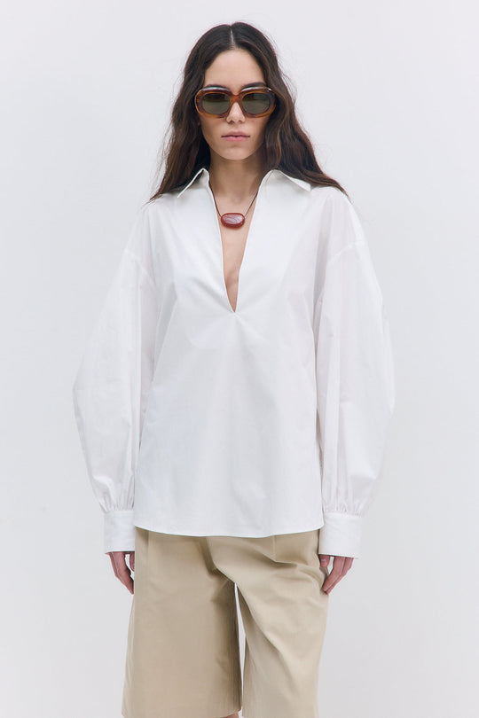 Oversized V Neck Poplin Blouse