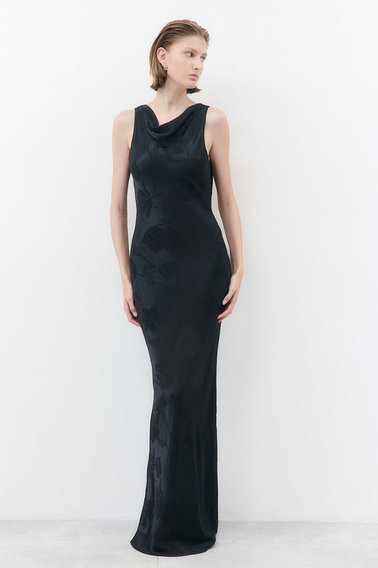 Satin Draped Back Maxi Dress