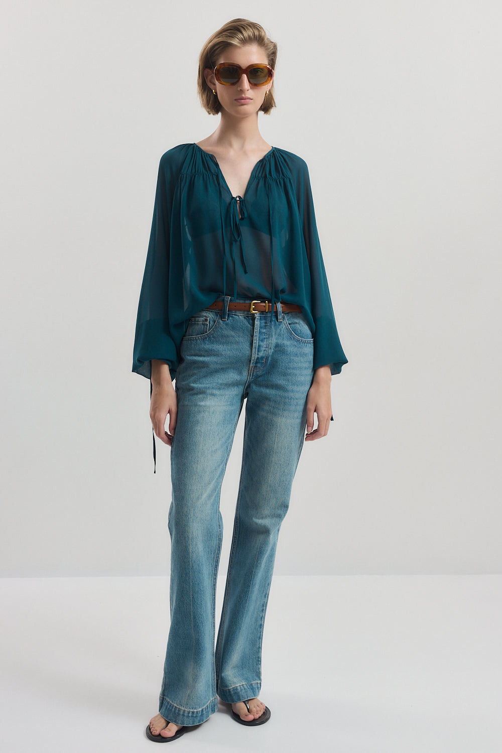 Deep V Semi Sheer Blouse